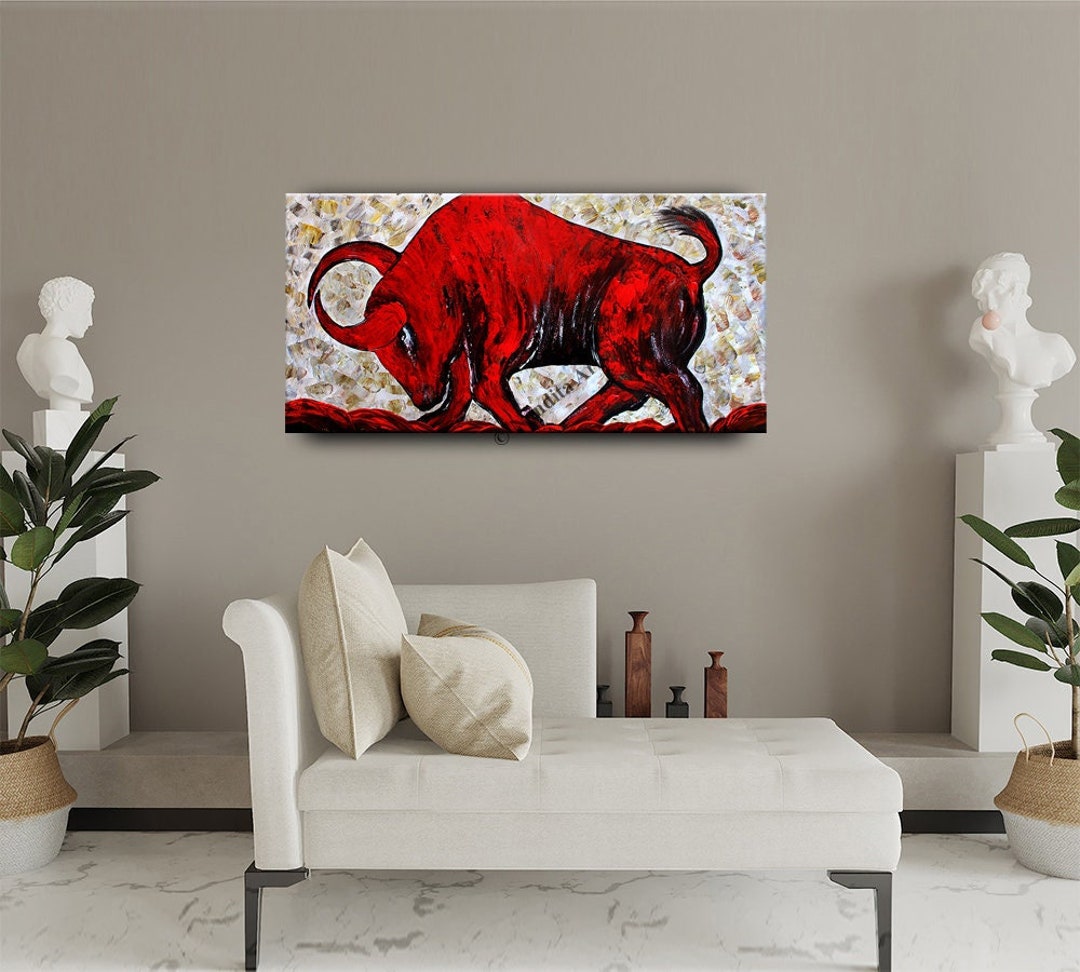 Impasto Textured Bull Painting on Canvas, Impasto Red Bull Wall Art