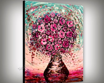 40" Purple Red Pink Flower Painting on Canvas, Handmade Flower Vase Art, Impasto Textured Flower Art Framed Floral Art Housewarming Gift