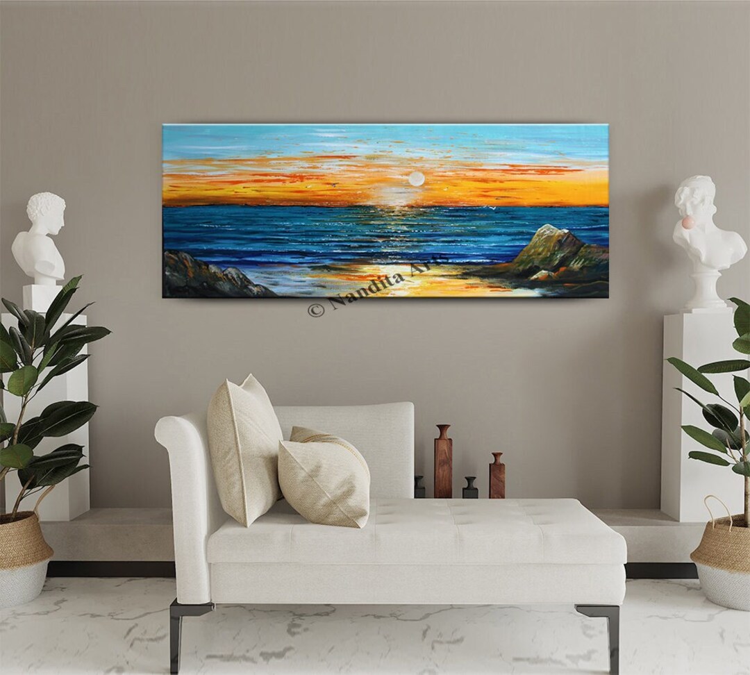 Blue and Orange Sunset Landscape Modern Art on Canvas Abstract Wall Art ...