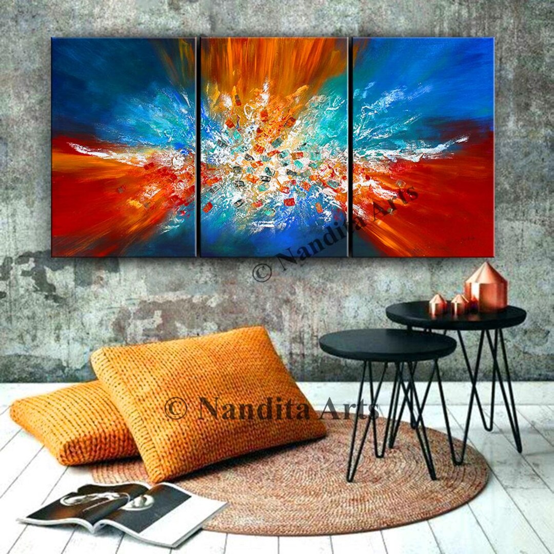 Red and Blue Abstract Triptych: Modern Canvas Art by Nandita Albright ...