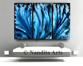 May include: A triptych wall art set featuring three rectangular canvases displaying an abstract fluid painting. The artwork consists of swirling patterns in shades of deep navy blue, bright cyan, and white, creating a dynamic, wave-like effect.