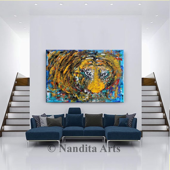 Original Tiger Art: Large Abstract Animal Painting, 36" Handmade Artwork