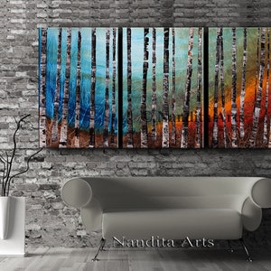 Birch Tree Painting Landscape Art Acrylic Nature Silent Forest Canvas Art Turquoise Teal Wall Art by Nandita Albright image 4