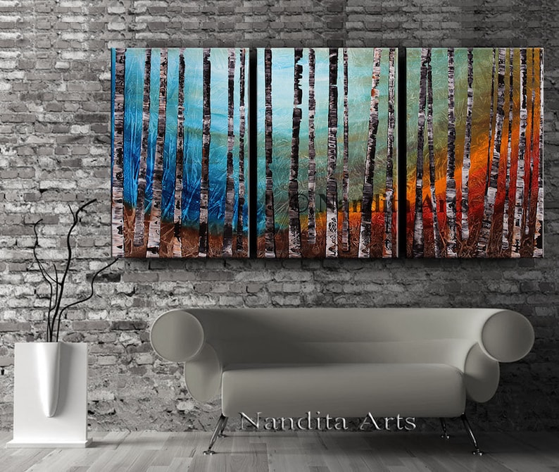 Birch Tree Painting Landscape Art Acrylic Nature Silent Forest Canvas Art Turquoise Teal Wall Art by Nandita Albright image 4