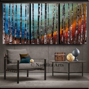Birch Tree Painting Landscape Art Acrylic Nature Silent Forest Canvas Art Turquoise Teal Wall Art by Nandita Albright image 3