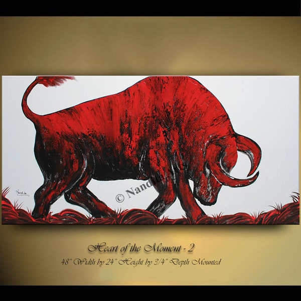 Large Red Bull Oil Painting on Canvas: Abstract Animal Wall Art