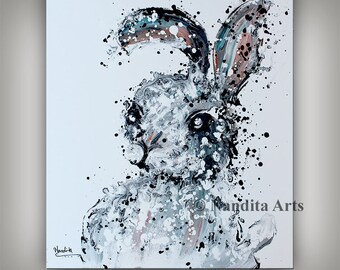 Abstract Bunny painting Rabbit Artwork, Rabbit Water Color, Bunny Art on Canvas, Children's room. Gift for daughter - Nandita Albright