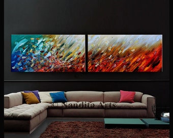 Abstract contrasting multicolor red and blue light effects palette painting on canvas by Nandita Living room décor, Large contemporary art,