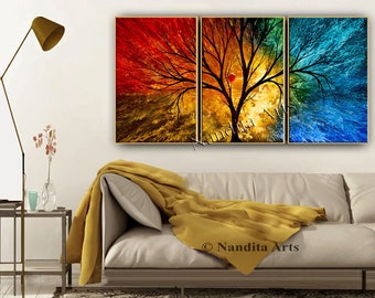 SALE - Abstract Landscape Painting on Canvas, Original Canvas Artwork Multicolor Luxury Style Home Décor 4 Season Tree Wall Art by Nandita