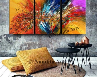 Grand triptyque abstrait : peinture acrylique sur toile peinte à la main par Nandita Albright