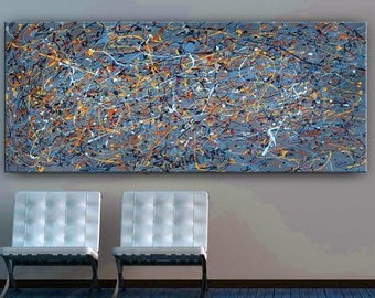 May include: Abstract painting with a gray background and splashes of blue, yellow, orange, white, and black paint.