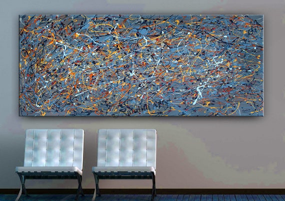 Large Jackson Pollock Style Abstract Painting: 72" Blue Drip Art ...