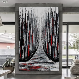 Impasto Cityscape Painting: Black, Red, and Gray Abstract Art