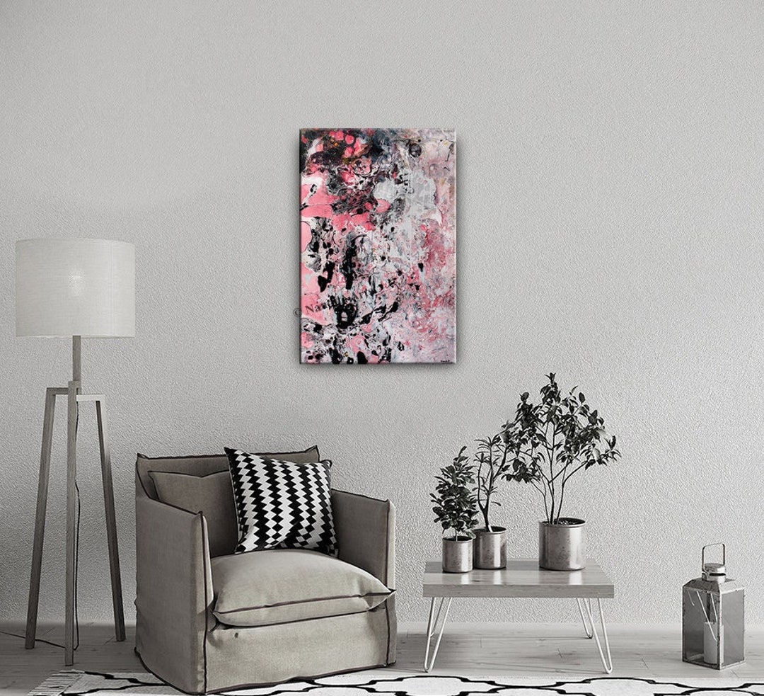 Modern Black and Pink Art on Canvas - Abstract Acrylic Painting, Bold ...