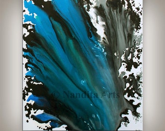 Blue Acrylic pour painting on canvas, Acrylic abstract painting canvas painting, Large painting for living room by Nandita Albright