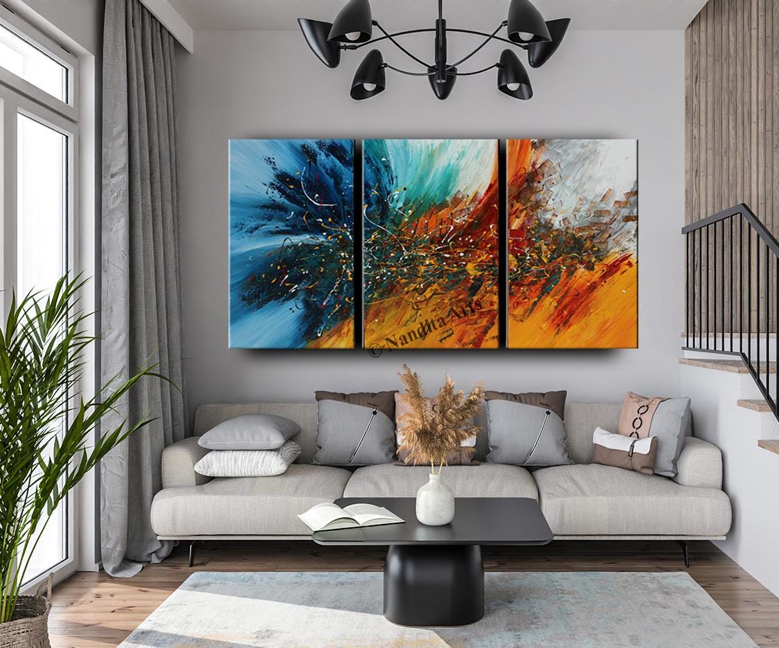 Blue & Red Abstract Triptych: 72