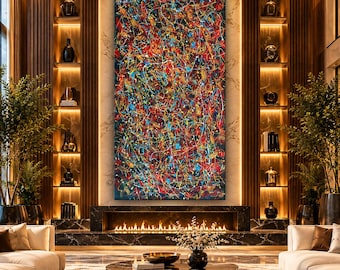 May include: A large rectangular canvas featuring an abstract expressionist painting with a dense, chaotic network of splattered paint lines in vibrant red, yellow, blue, and white against a dark, deep navy blue background.