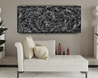 Black and White Abstract Wall Art on Canvas, Large oil painting original Famous Jackson Pollock Style Gray Artwork, by Nandita Albright