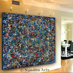 Blue Abstract Painting: Jackson Pollock Style, Modern Wall Art