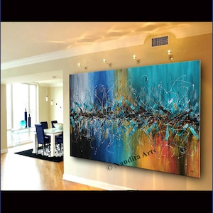 Painting Jackson Pollock Art Luxury Style Abstract Wall Art 72" Original Oil Painting on Canvas Blue Teal Acrylic Wall Art Decor by Nandita