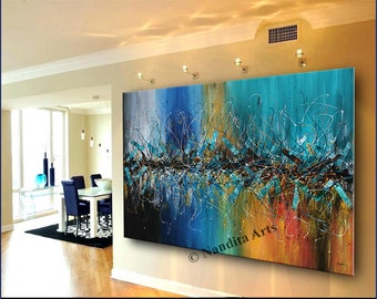 Painting Jackson Pollock Art Luxury Style Abstract Wall Art 72" Original Oil Painting on Canvas Blue Teal Acrylic Wall Art Decor by Nandita