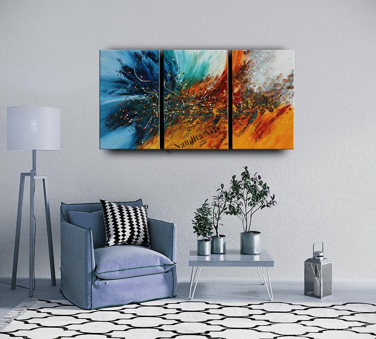 Blue & Red Abstract Triptych: 72