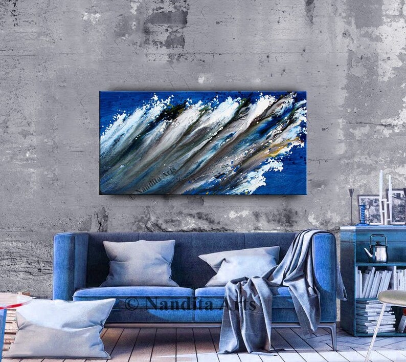 Blue Modern Abstract Painting on Canvas, Ocean Abstract Artwork, 48 Original Painting, Abstract Painting, Modern Painting by Nandita image 1