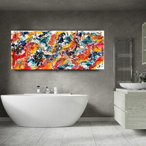 Jackson Pollock Style Abstract Painting: Colorful Drip Canvas Art, 72x30&quot;