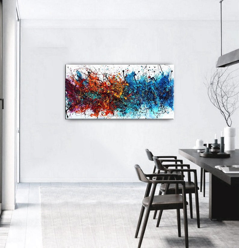 Acrylic Painting Jackson Pollock Abstract Painting on Canvas Handmade Blue Luxury Style Large Modern Wall Art Rustic Unique Living Room Art image 5