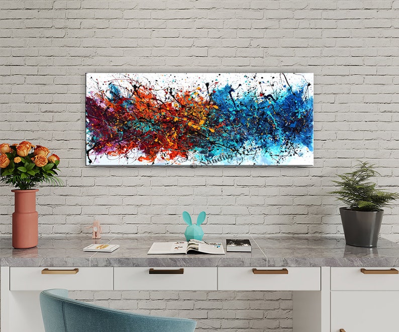 Acrylic Painting Jackson Pollock Abstract Painting on Canvas Handmade Blue Luxury Style Large Modern Wall Art Rustic Unique Living Room Art image 3