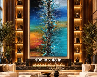 May include: A large rectangular abstract painting measuring 108 inches by 48 inches, featuring a vertical central composition of swirling black, white, and turquoise lines against a gradient background of deep blue, teal, and warm orange tones.