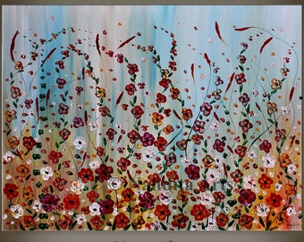Large Abstract Floral Painting: Textured Acrylic Flower Art, 48x36