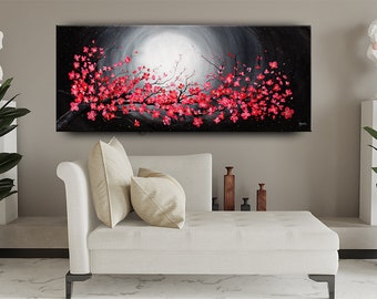 Abstract Red Flower Painting on Canvas, Original Oil Painting Floral Art, Sunset Nature Home Décor by Nandita Albright