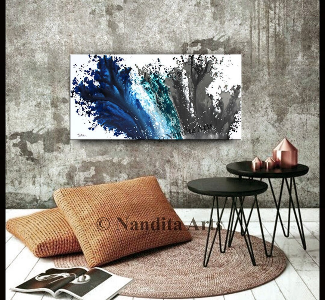 Blue Modern Wall Art Painting Large Living Room Painting Living Room ...