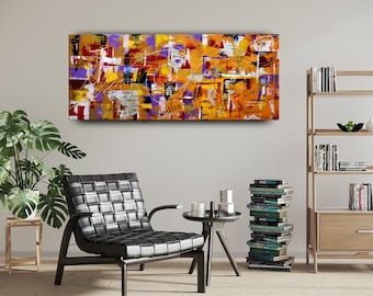 Large Abstract Wall Art, Orange Gold Purple Painting, Oversized Modern Canvas Art, Luxury Contemporary Wall Decor