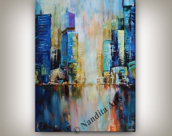 Cityscape Wall Art Abstract Original Painting on Canvas, Large Oil Painting Cityscape Modern art home décor, City Scape Artwork by Nandita