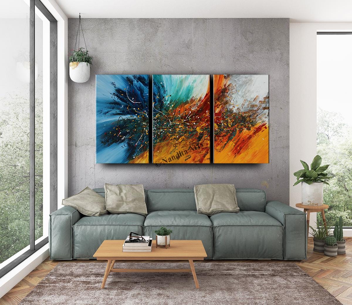 Blue & Red Abstract Triptych: 72