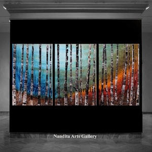 Birch Tree Painting Landscape Art Acrylic Nature Silent Forest Canvas Art Turquoise Teal Wall Art by Nandita Albright image 2