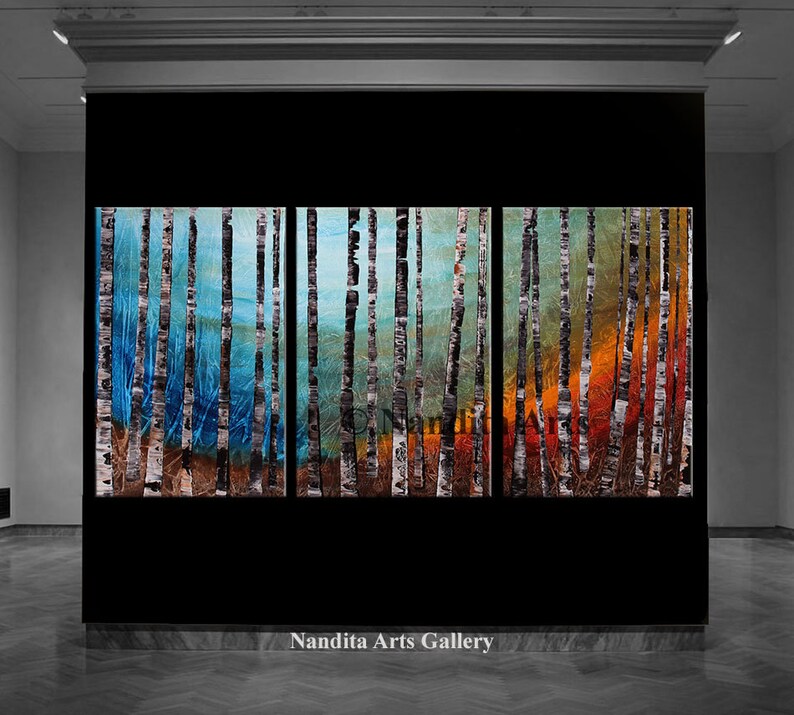 Birch Tree Painting Landscape Art Acrylic Nature Silent Forest Canvas Art Turquoise Teal Wall Art by Nandita Albright image 2