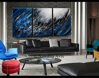 Set of 3 Panels Abstract Blue Wall Art, Blue Painting Cool Tone Large Original Painting on Canvas Framed Artwork by Nandita Albright