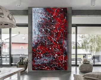 Red Contemporary Art Jackson Pollack Styler Abstract Painting on Canvas, Handmade Large Artwork, Modern Home Decor by Nandita Albright