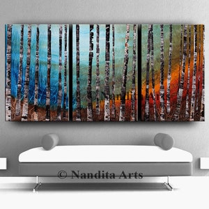 Birch Tree Painting Landscape Art Acrylic Nature Silent Forest Canvas Art Turquoise Teal Wall Art by Nandita Albright image 5
