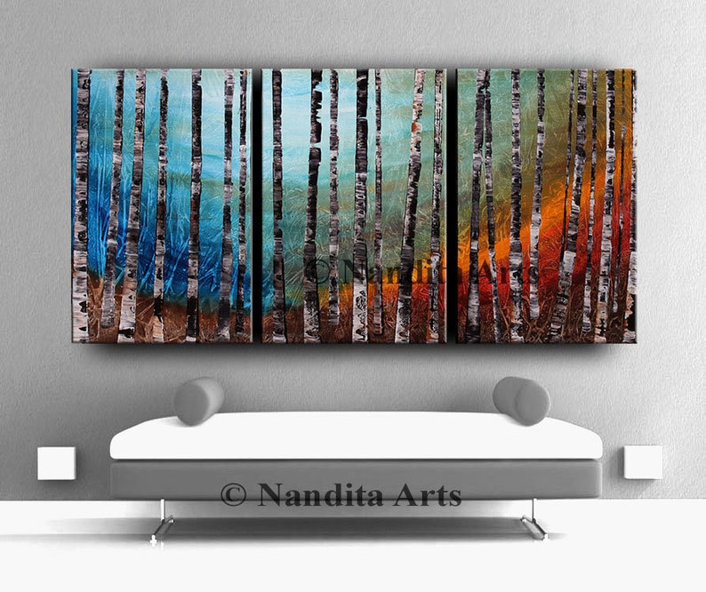 Birch Tree Painting Landscape Art Acrylic Nature Silent Forest Canvas Art Turquoise Teal Wall Art by Nandita Albright image 5