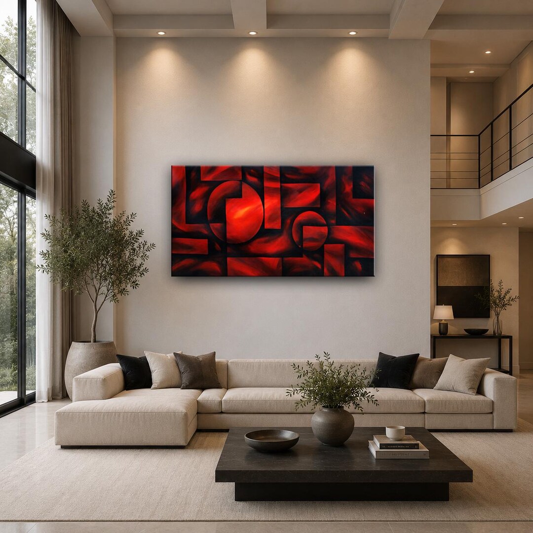 Large Red Abstract Wall Art, Modern Geometric Canvas Painting, Luxury ...
