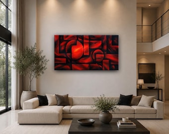 Large Red Abstract Wall Art, Modern Geometric Canvas Painting, Luxury Contemporary Wall Decor, Statement Artwork by Nandita Albright