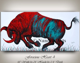 Large Red Bull Painting, 48" Animal Art, Original Artwork Painted on Canvas by Nandita Albright Wildlife Artwork