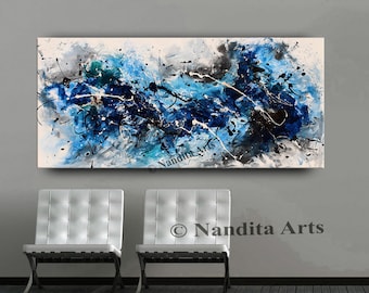 Jackson Pollock Inspired Blue Acrylic Painting Modern Wall Art Abstract Painting on Canvas Acrylic Art Rich Impasto Luxury Office Decor Sale