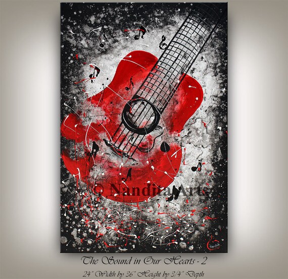 Red Wall Art Guitar Painting Music Art On Canvas By Nandita Etsy