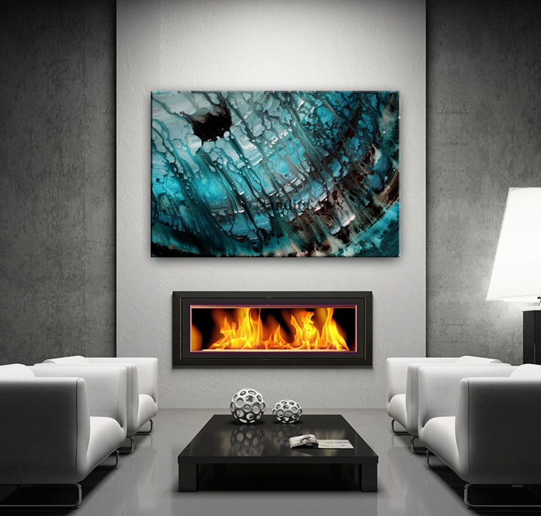 Teal Blue Wall Art Modern Painting on Canvas, Large Modern Wall Art