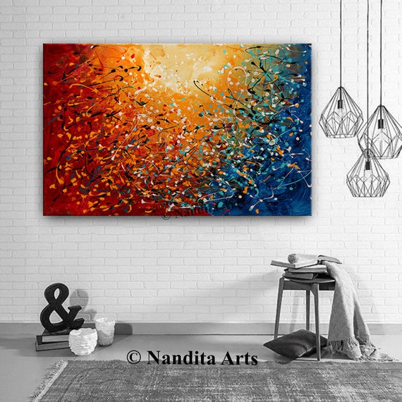 Large Abstract Acrylic Canvas Painting: Red, Blue, Gold, 72